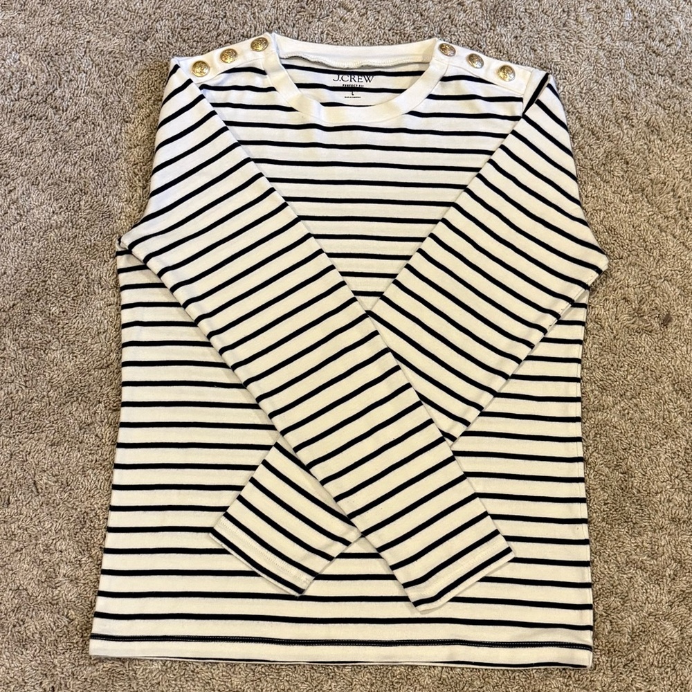 J. Crew Navy Striped Top with Gold Accents